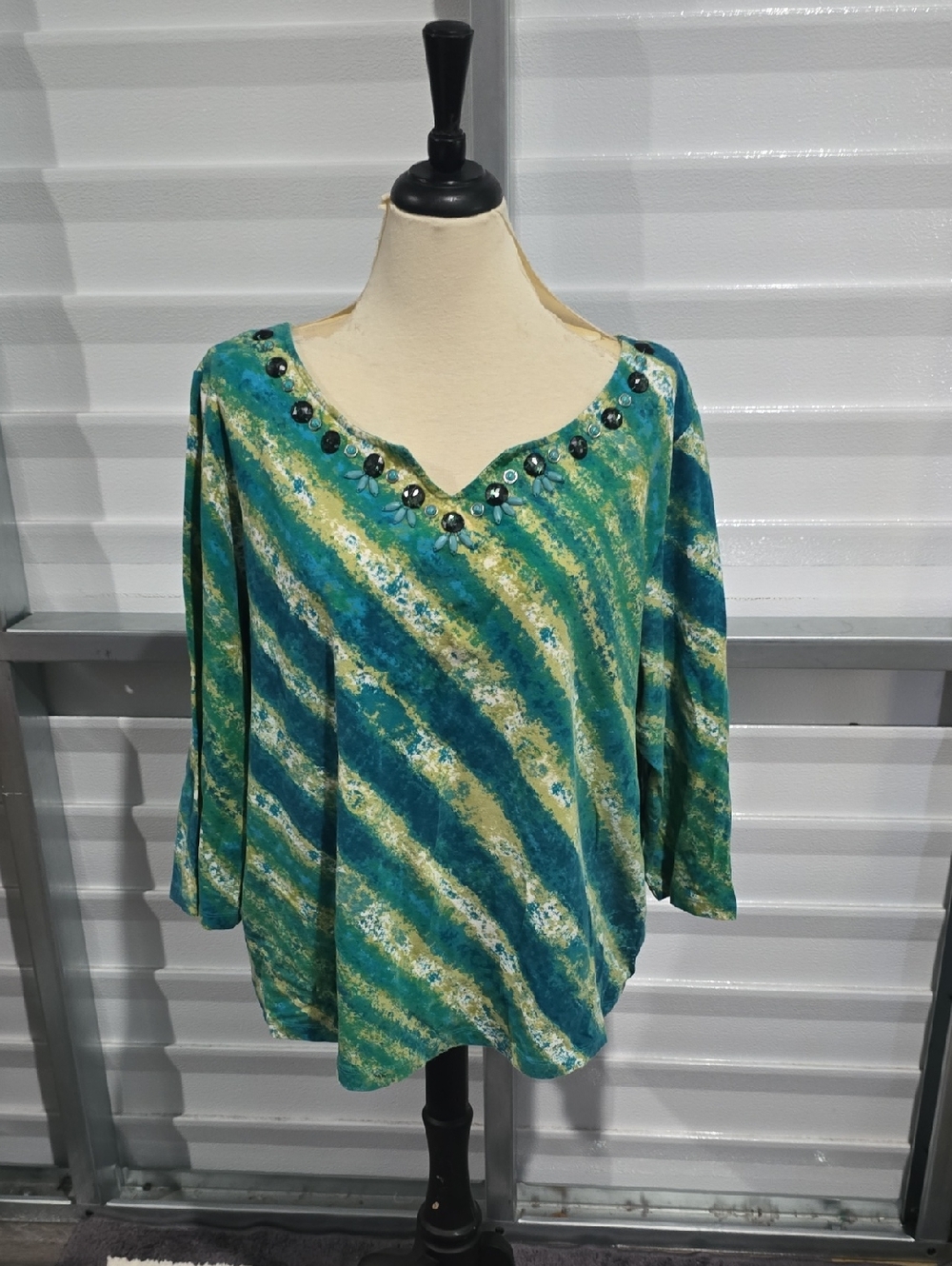 Ruby Rd. Teal and Green Striped Embellished V-Neck Long Sleeve Top Size 3X